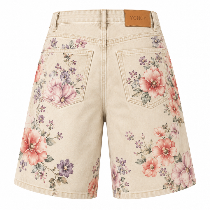 Бежови дънкови бермуди с флорален принт